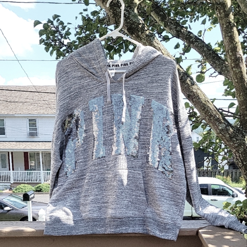 PINK Victoria Secret Gray bling sequin hoodie